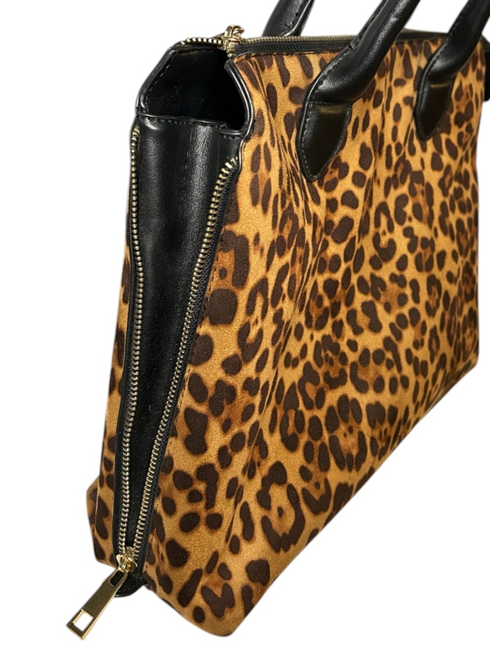 Leopard Print Suede Satchel Bag Expandable Sides Top Handle - Picture 6 of 11